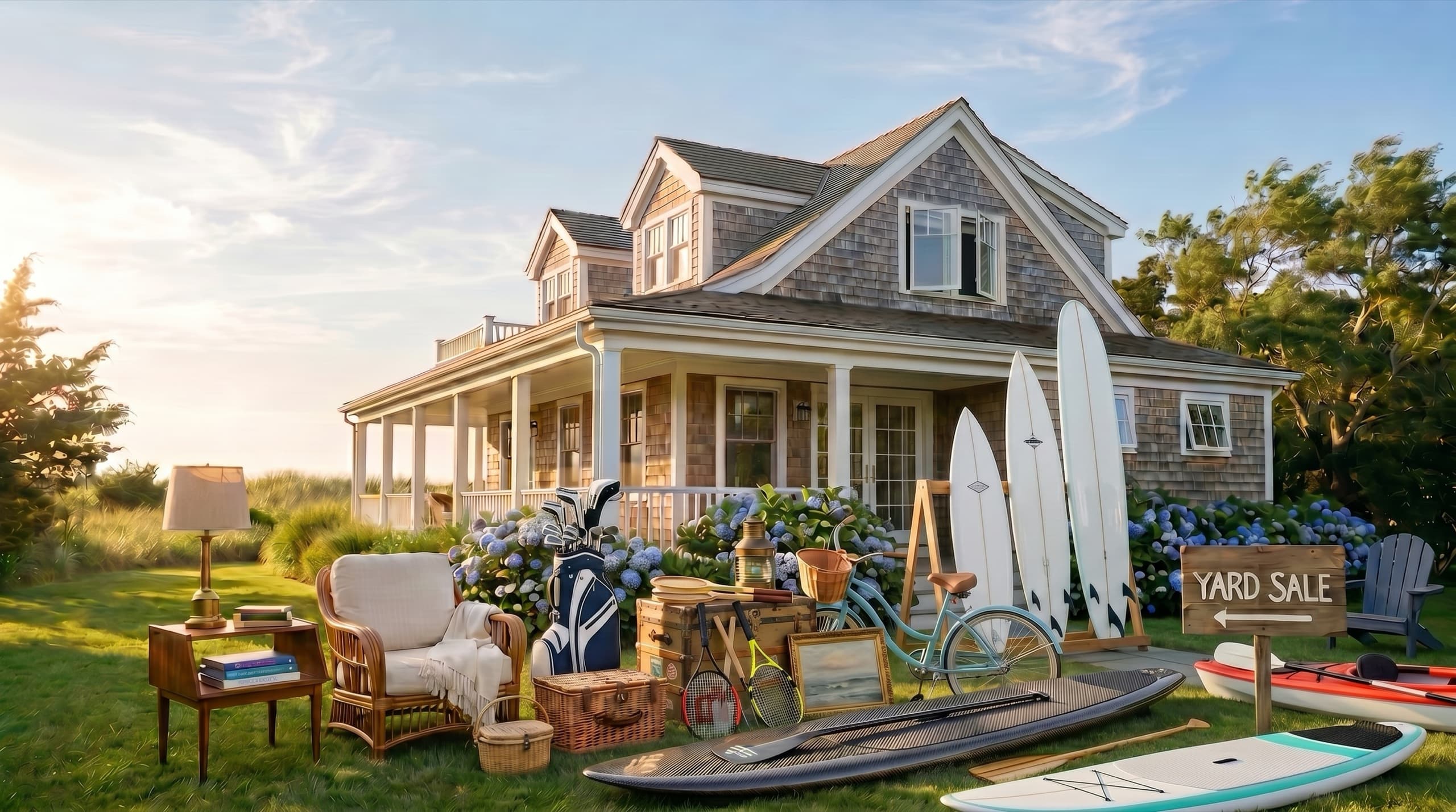 Hamptons shingled cottage with golden-hour yard sale display and blue hydrangeas