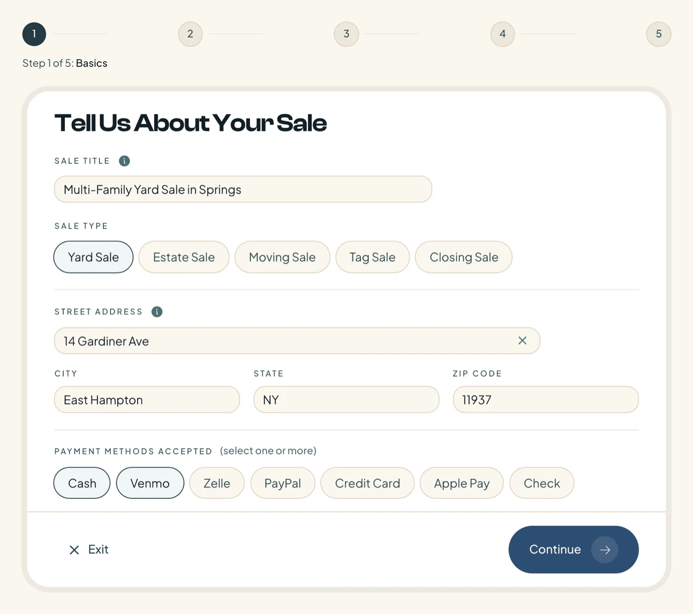 The five-step posting form with sale title, type, address, and payment methods filled in